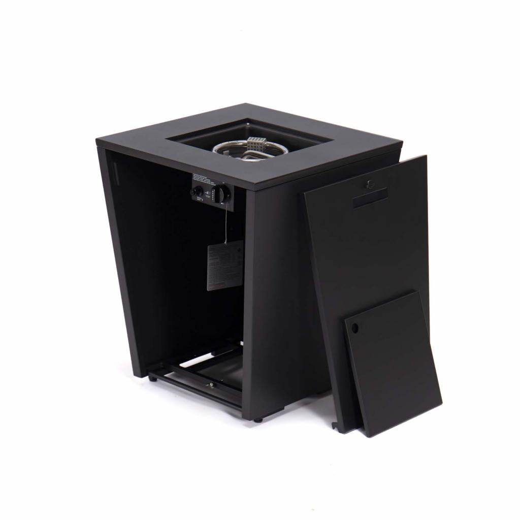 PureHaven Feuerschale Aluminiumrahmen gehärtetes Glas graue Tischplatte Wetter- & Rostbeständigkeit inkl. Windschutz Glasperlen & Abdeckung