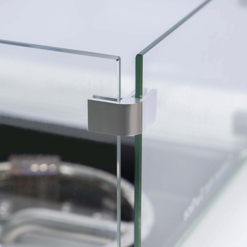 PureHaven Feuerschale Aluminiumrahmen gehärtetes Glas weiße Tischplatte Wetter- & Rostbeständigkeit inkl. Windschutz Glasperlen & Abdeckung