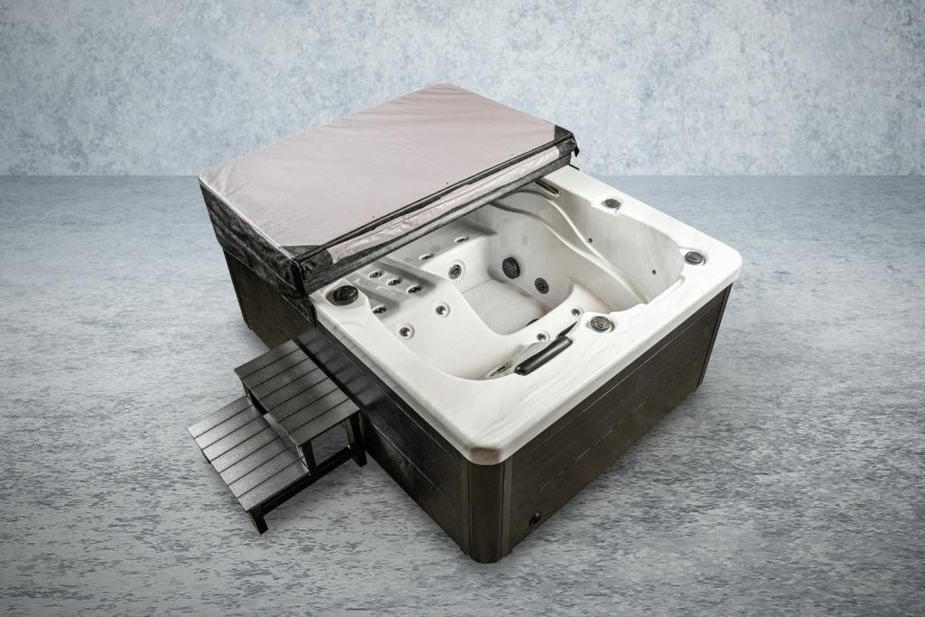 PureHaven American Outdoor-Whirlpool 210x160 cm für 3 Personen mit 33 Massagedüsen Heizung LEDs Thermoabdeckung Farbe Sterling Silber/Grau