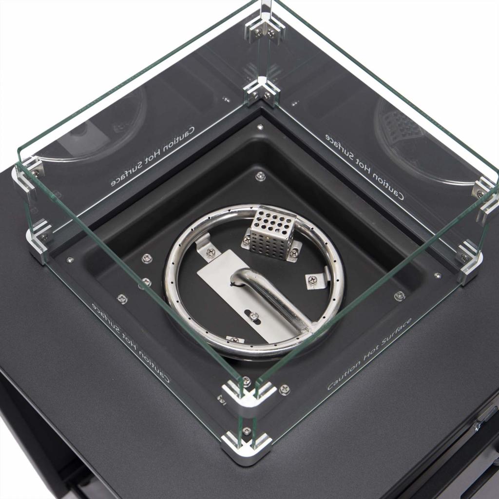 PureHaven Feuerschale Aluminiumrahmen gehärtetes Glas graue Tischplatte Wetter- & Rostbeständigkeit inkl. Windschutz Glasperlen & Abdeckung