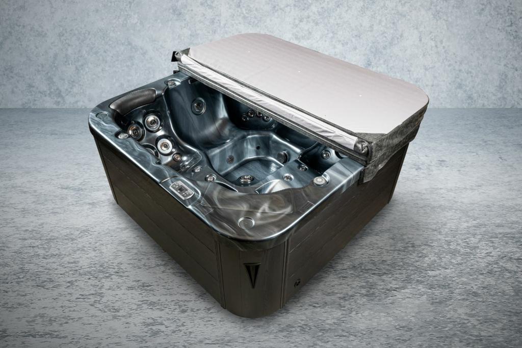 PureHaven American Outdoor-Whirlpool 215x215 cm für 5 Personen mit 53 Massagedüsen Heizung LEDs Thermoabdeckung Ozondesinfektion Pearl Shadow/Grau