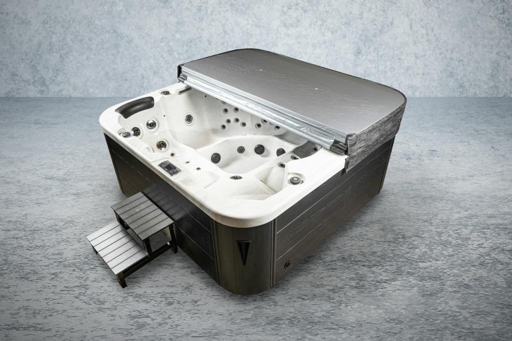 PureHaven American Outdoor-Whirlpool 230x230 cm für 6 Personen mit 71 Massagedüsen Heizung LEDs Thermoabdeckung Farbe Sterling Silber/Grau