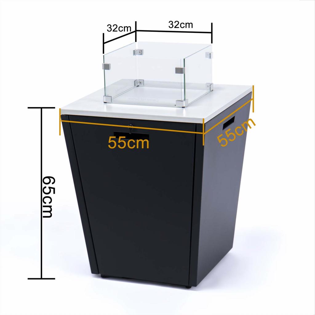 PureHaven Feuerschale Aluminiumrahmen gehärtetes Glas weiße Tischplatte Wetter- & Rostbeständigkeit inkl. Windschutz Glasperlen & Abdeckung