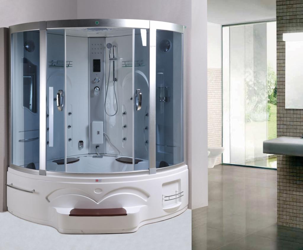 PureHaven 2in1 Whirlpool und Dampfdusche Los Angeles 150x150x225 cm mit Aluminiumrahmen Tropenbrause Sitzfläche Radio Massagefunktion Ozondesinfektion und Zubehör