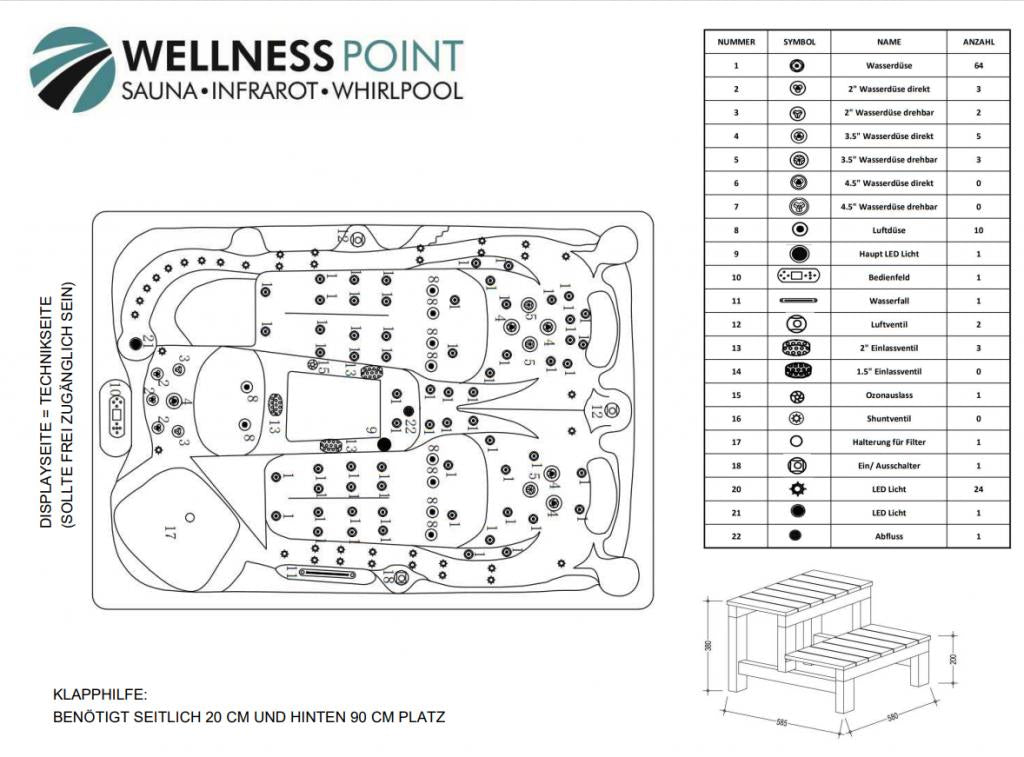 PureHaven American Outdoor-Whirlpool 220x156 cm für 3 Personen mit 77 Wasserdüsen und 10 Luftdüsen Thermoabdeckung LEDs Farbe Sterling Silber/Grau