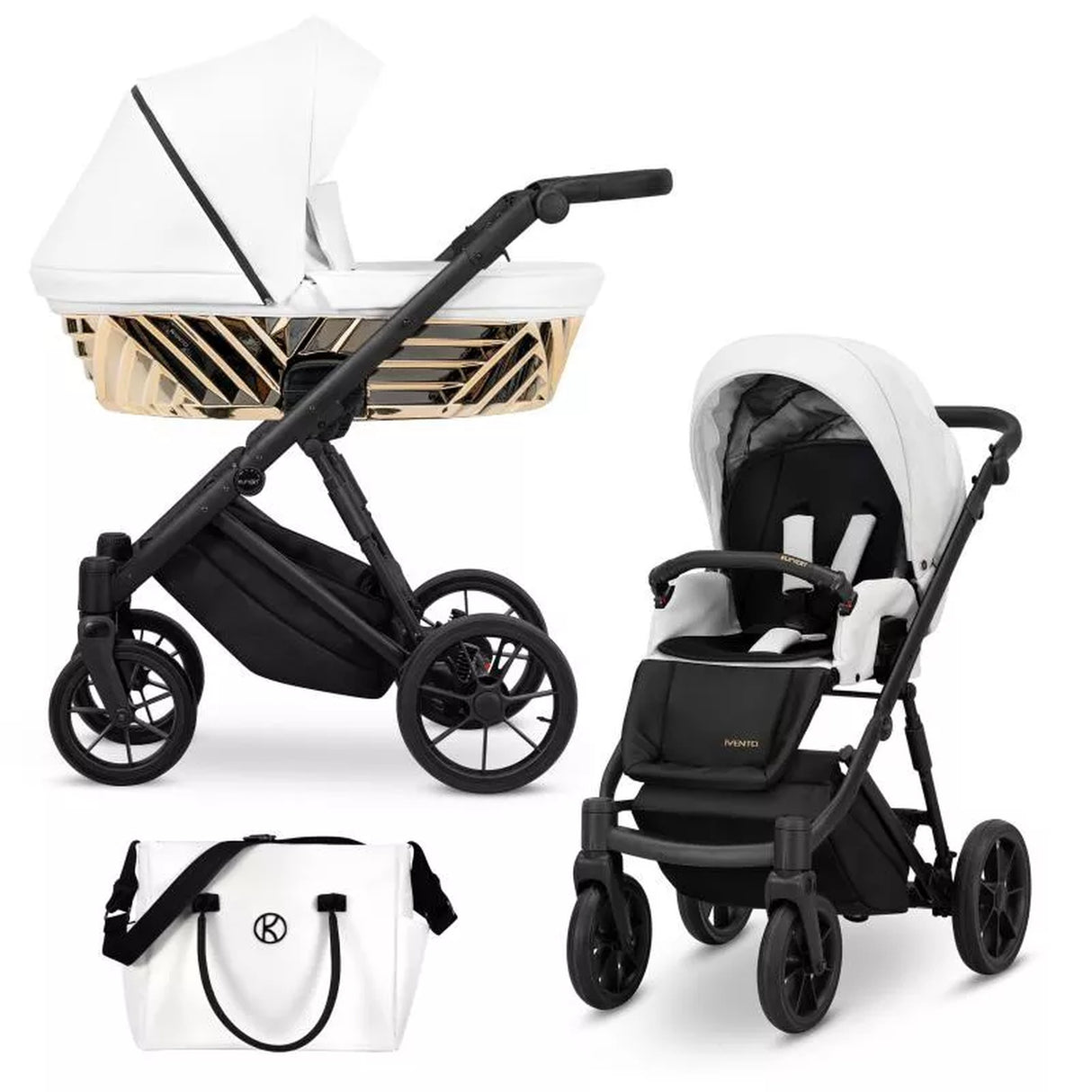 Kombikinderwagen in drei Ansichten: links Seitenansicht mit Babywanne, rechts Frontansicht mit Sportsitz, unten Vorderansicht eines passenden Rucksacks.