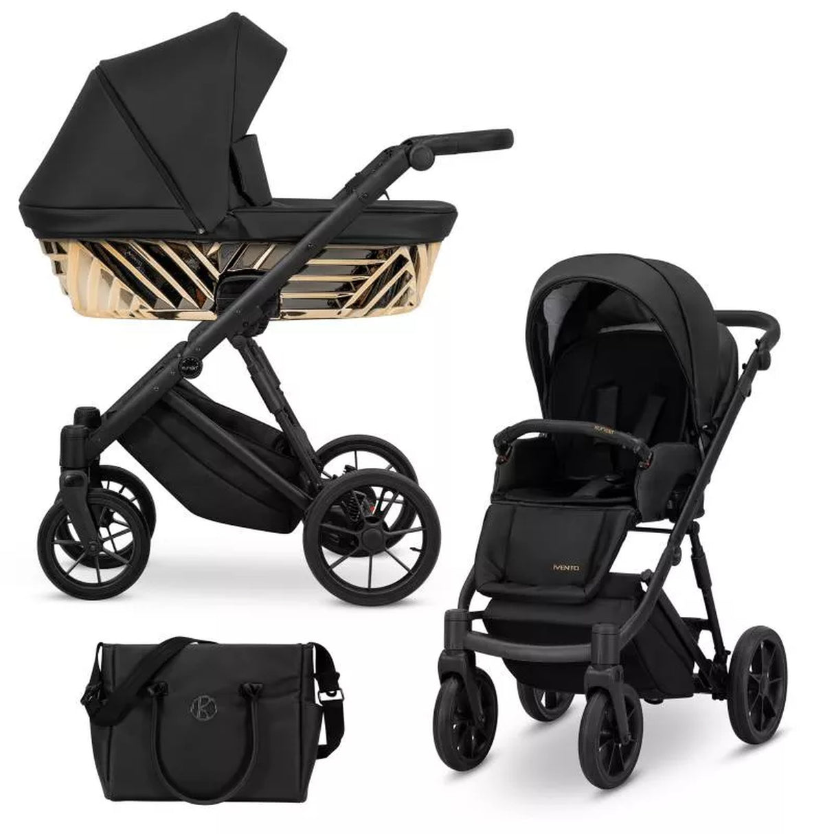 Ansicht von Links eines modernen Kinderwagens, sichtbar mit Sonnenverdeck, Sicherheitsbügel, Vier-Rad-Fahrgestell und geräumigem Unterkorb, oben Vorderansicht eines passenden Rucksacks.