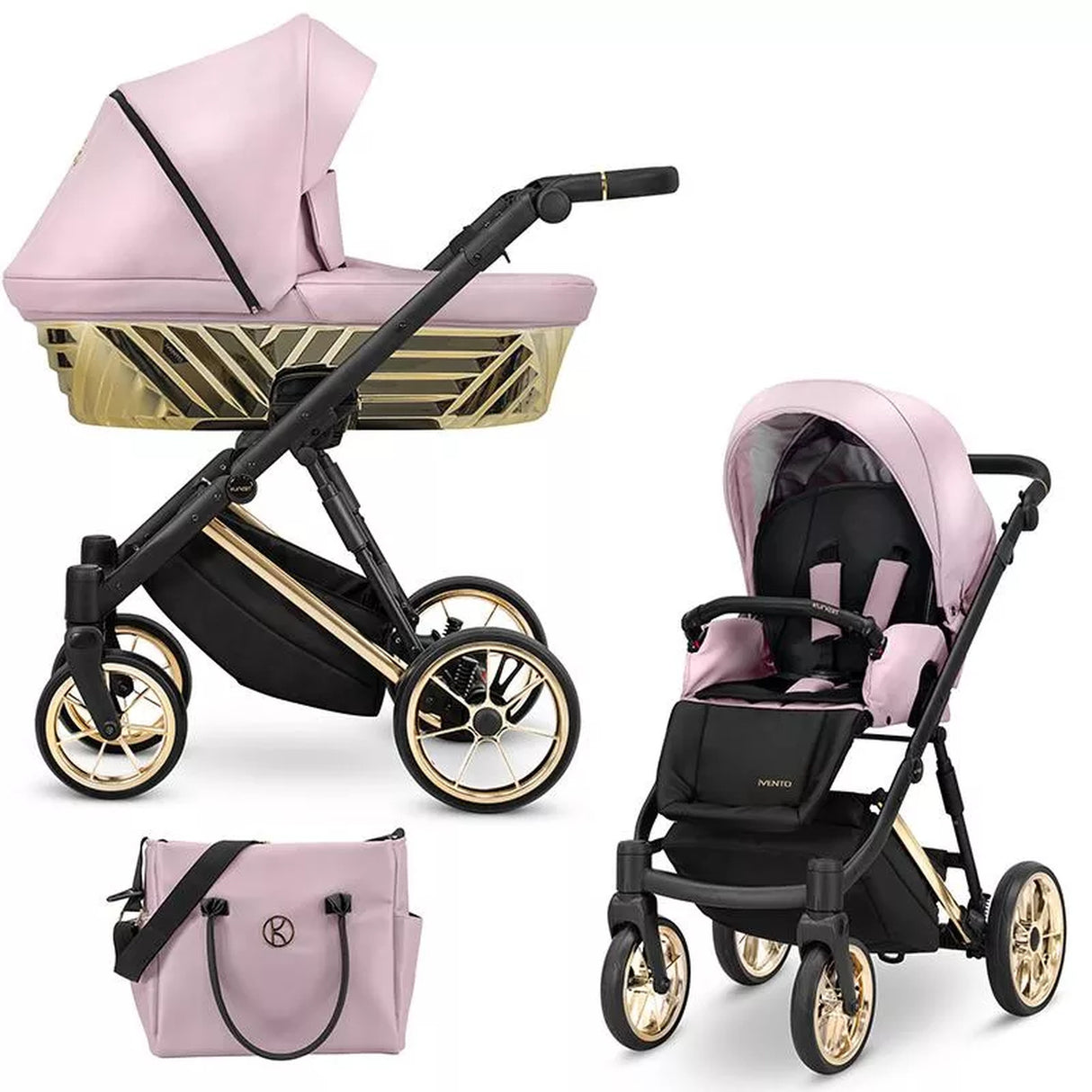 Kombikinderwagen in drei Ansichten: links Seitenansicht mit Babywanne, rechts Frontansicht mit Sportsitz, unten Vorderansicht eines passenden Rucksacks.