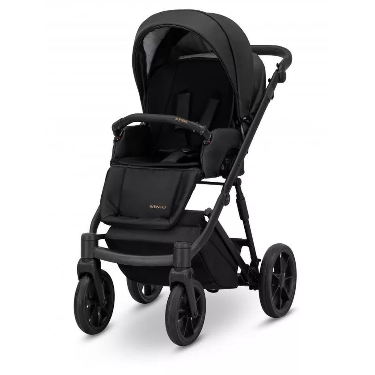 Kinderwagen in Seitenansicht, sichtbar mit Sonnenverdeck, Sicherheitsbügel, Vier-Rad-Fahrgestell und geräumigem Unterkorb.