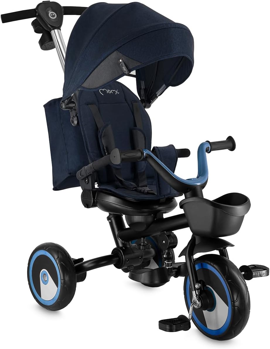 MoMi IVI Kinderdreirad 3-in-1 – 360° drehbarer Sitz, 3-Punkt-Gurt, höhenverstellbare Schiebestange, Sonnendach, PU-Räder, Frontkorb – ab 9 Monaten