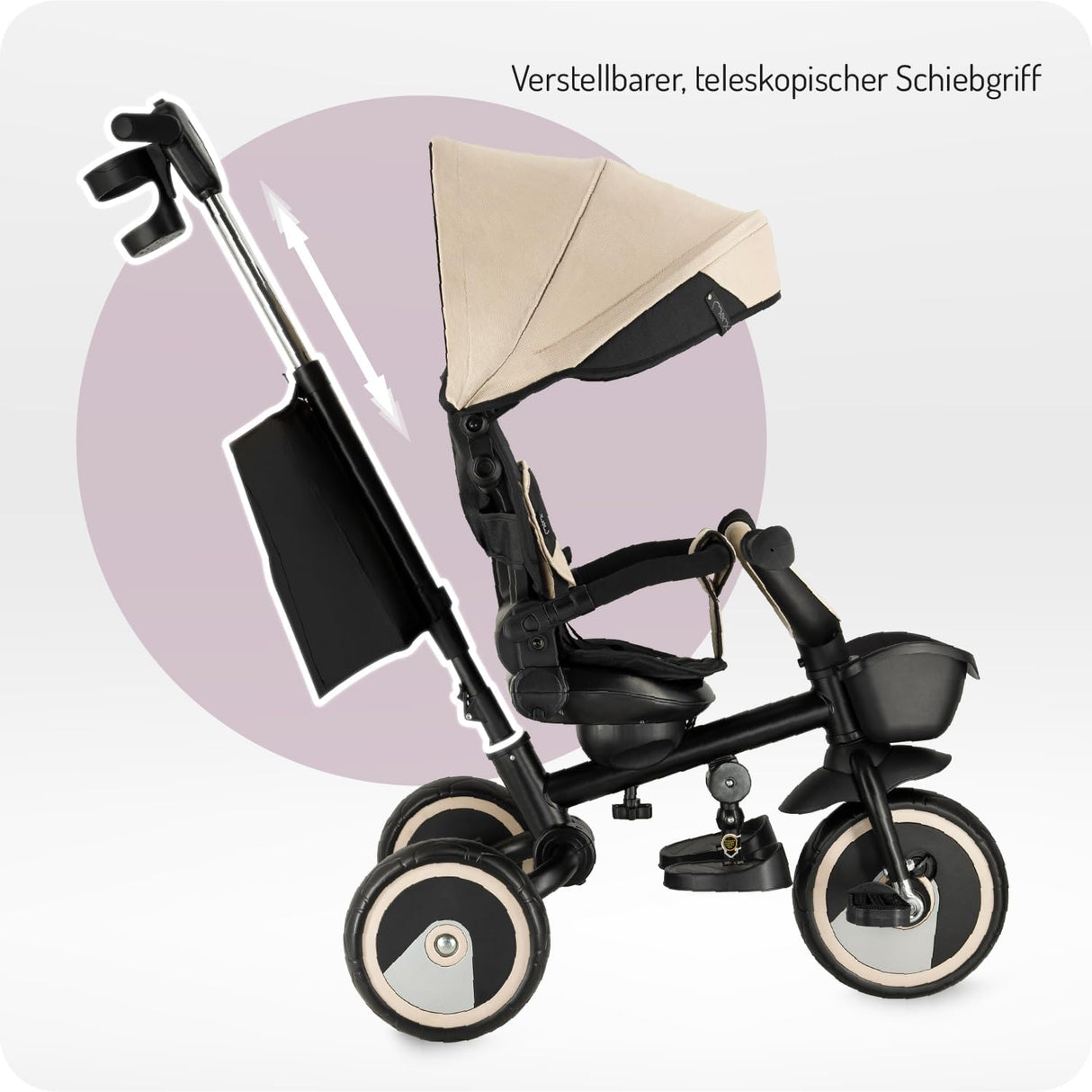 MoMi IVI Kinderdreirad 3-in-1 – 360° drehbarer Sitz, 3-Punkt-Gurt, höhenverstellbare Schiebestange, Sonnendach, PU-Räder, Frontkorb – ab 9 Monaten