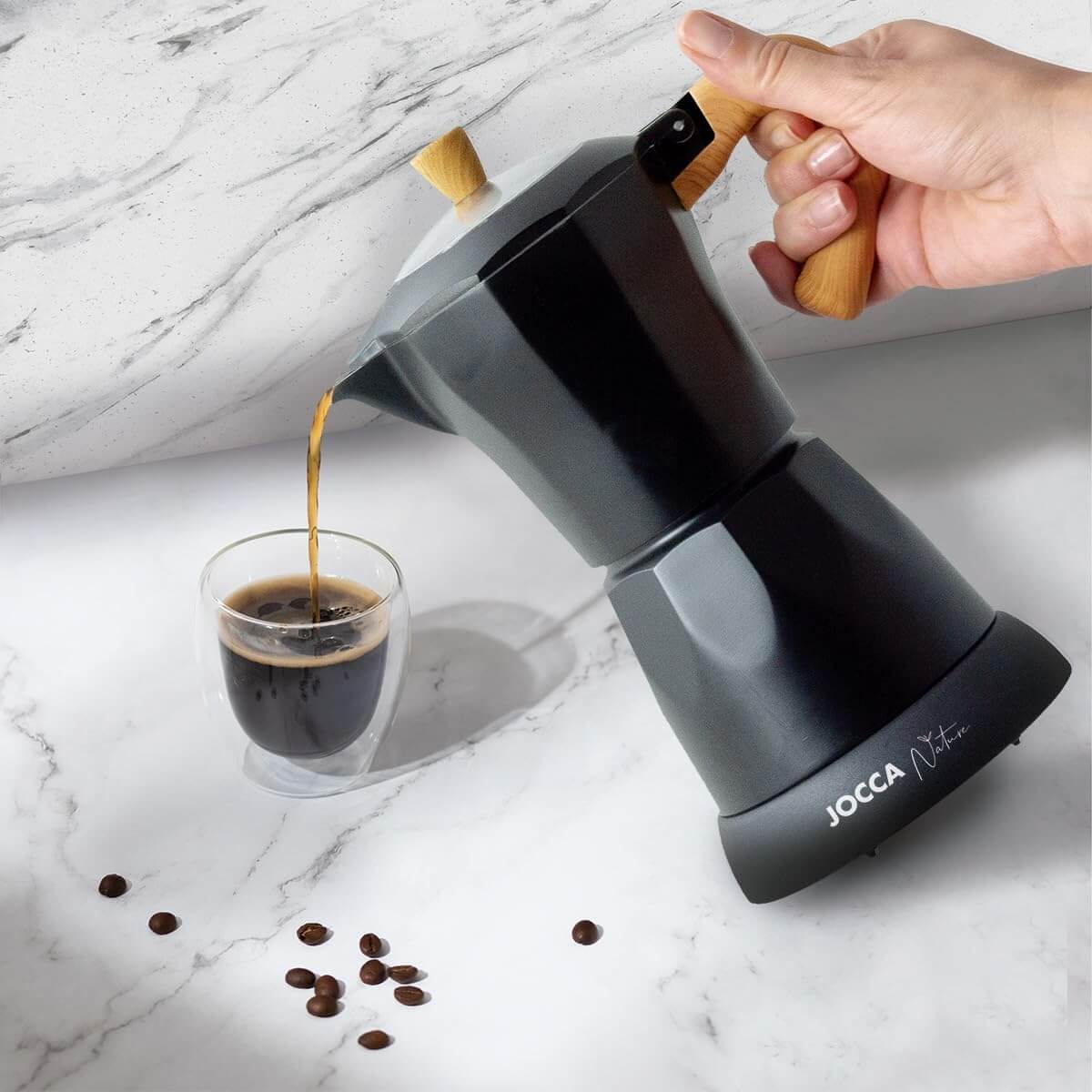Jocca elektrische Espresso Kaffeemaschine in schwarz Nature Line für bis zu 6 Tassen mit 360° drehbarem Kopf