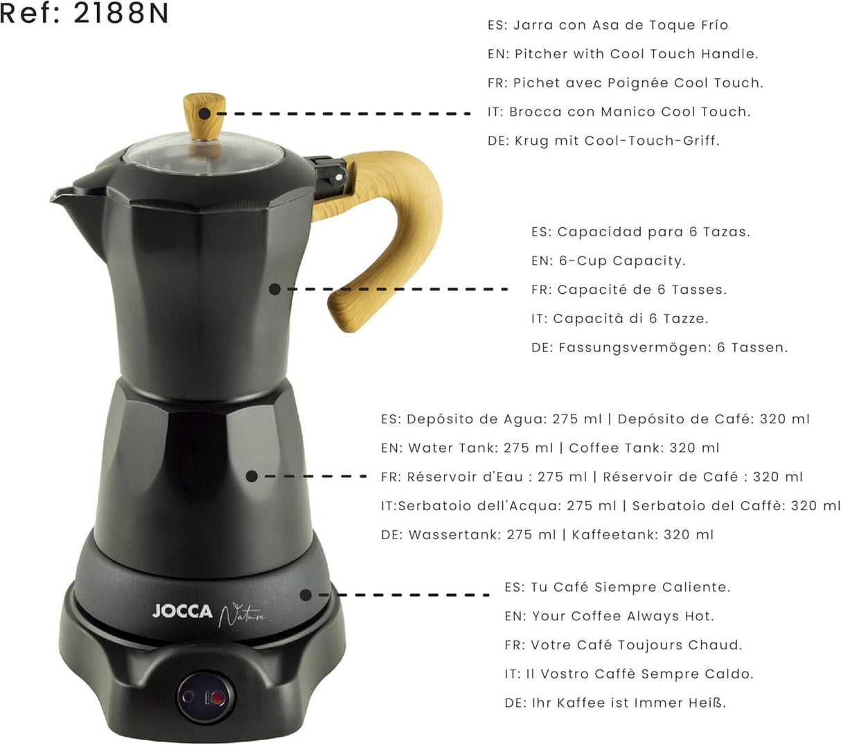 Jocca elektrische Espresso Kaffeemaschine in schwarz Nature Line für bis zu 6 Tassen mit 360° drehbarem Kopf