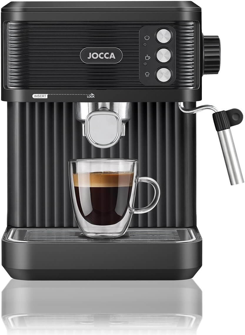 Jocca Espressomaschine Schwarz 850W – 20 Bar Druck, 1,8L Tank, Milchaufschäumer, Edelstahl