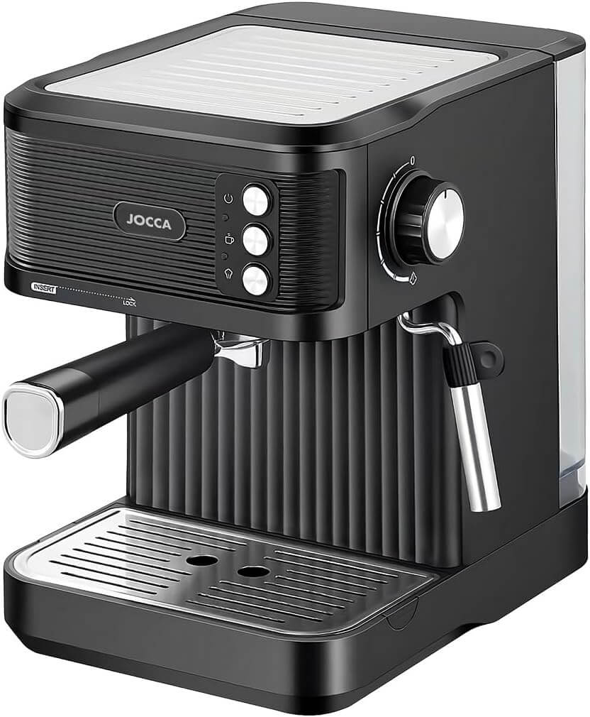 Jocca Espressomaschine Schwarz 850W – 20 Bar Druck, 1,8L Tank, Milchaufschäumer, Edelstahl
