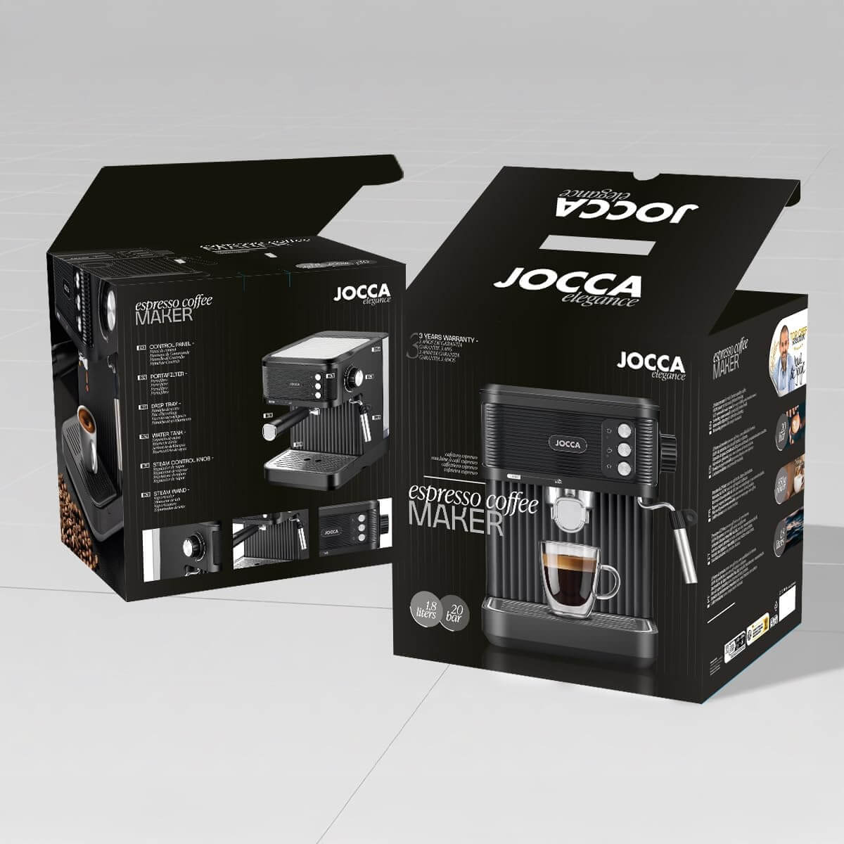 Jocca Espressomaschine Schwarz 850W – 20 Bar Druck, 1,8L Tank, Milchaufschäumer, Edelstahl