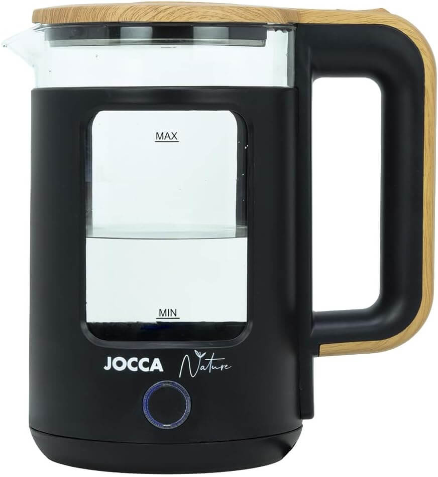 JOCCA Elektrischer Wasserkocher 1,8L, Nature-Line Schwarz, 360° Basis, Borosilikatglas, Schnellkoch, Auto-Abschaltung, energiesparend, modern