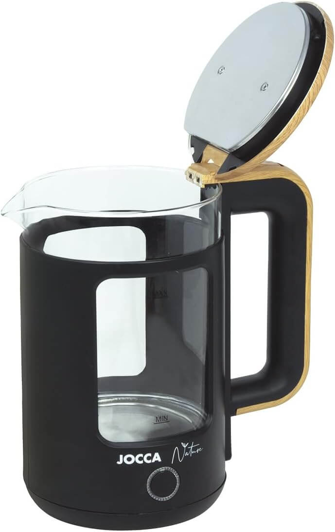 JOCCA Elektrischer Wasserkocher 1,8L, Nature-Line Schwarz, 360° Basis, Borosilikatglas, Schnellkoch, Auto-Abschaltung, energiesparend, modern
