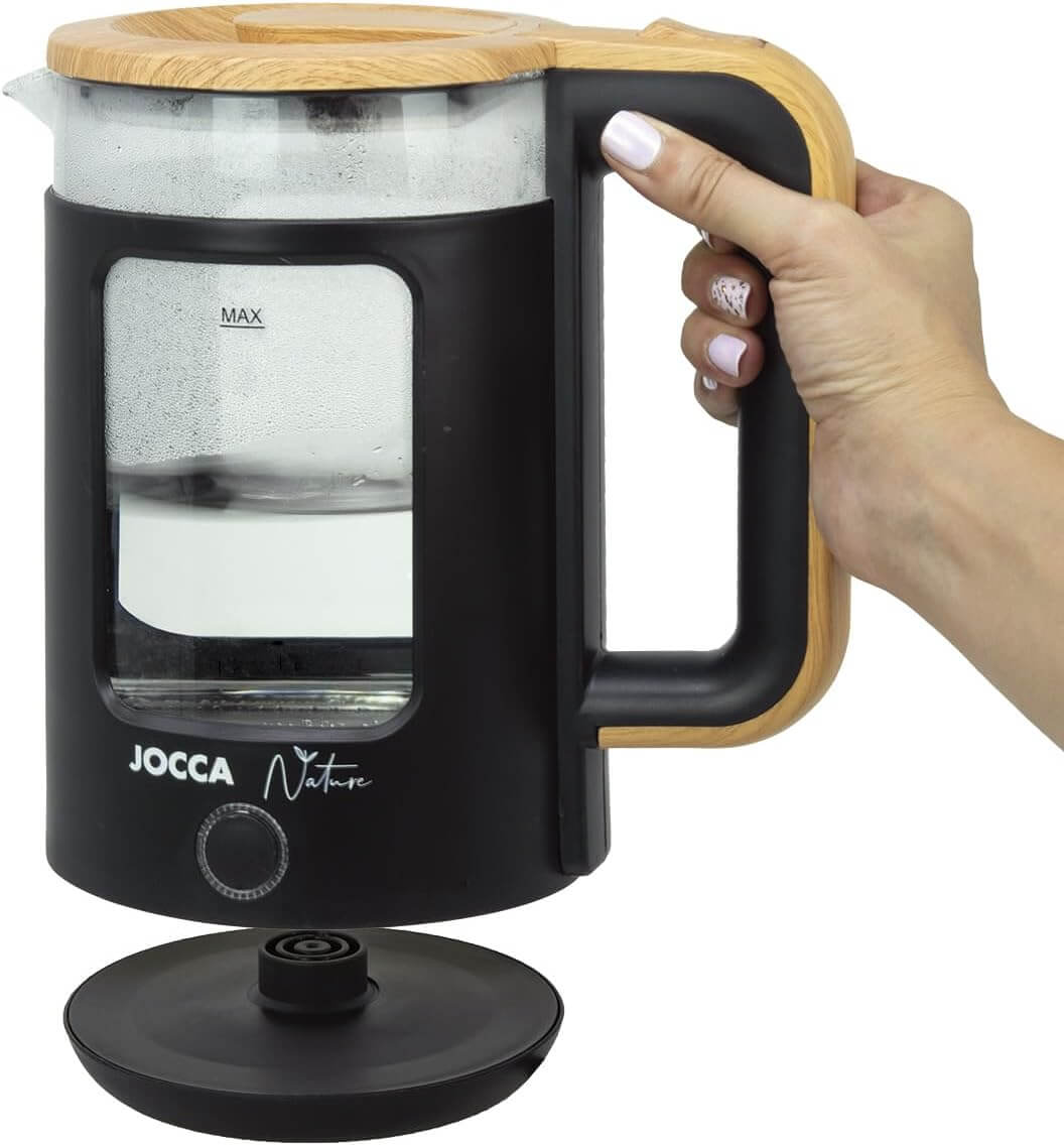 JOCCA Elektrischer Wasserkocher 1,8L, Nature-Line Schwarz, 360° Basis, Borosilikatglas, Schnellkoch, Auto-Abschaltung, energiesparend, modern