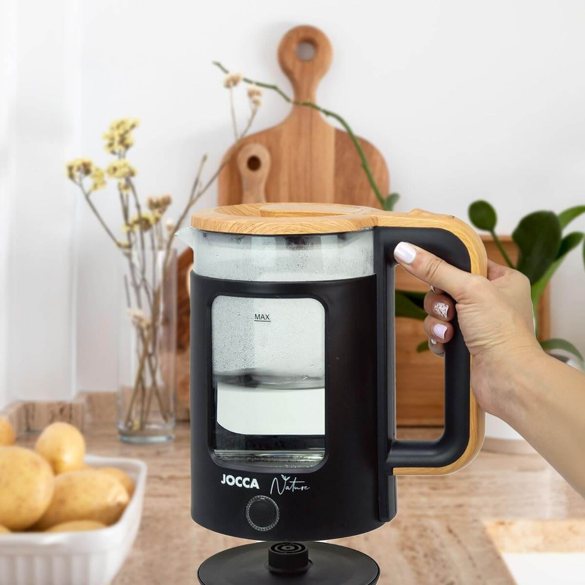 JOCCA Elektrischer Wasserkocher 1,8L, Nature-Line Schwarz, 360° Basis, Borosilikatglas, Schnellkoch, Auto-Abschaltung, energiesparend, modern