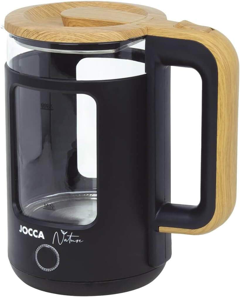 JOCCA Elektrischer Wasserkocher 1,8L, Nature-Line Schwarz, 360° Basis, Borosilikatglas, Schnellkoch, Auto-Abschaltung, energiesparend, modern