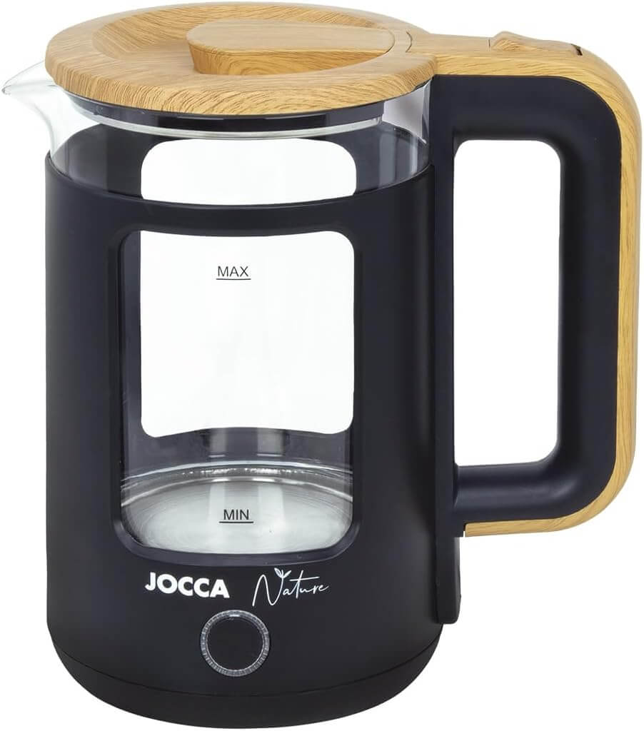 JOCCA Elektrischer Wasserkocher 1,8L, Nature-Line Schwarz, 360° Basis, Borosilikatglas, Schnellkoch, Auto-Abschaltung, energiesparend, modern