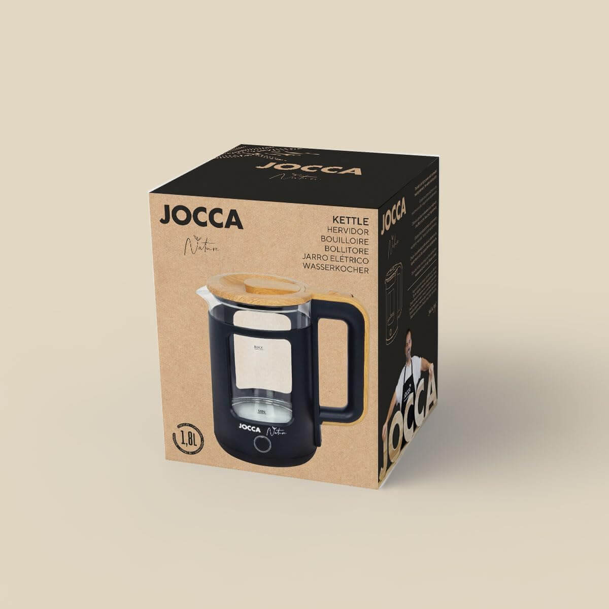 JOCCA Elektrischer Wasserkocher 1,8L, Nature-Line Schwarz, 360° Basis, Borosilikatglas, Schnellkoch, Auto-Abschaltung, energiesparend, modern