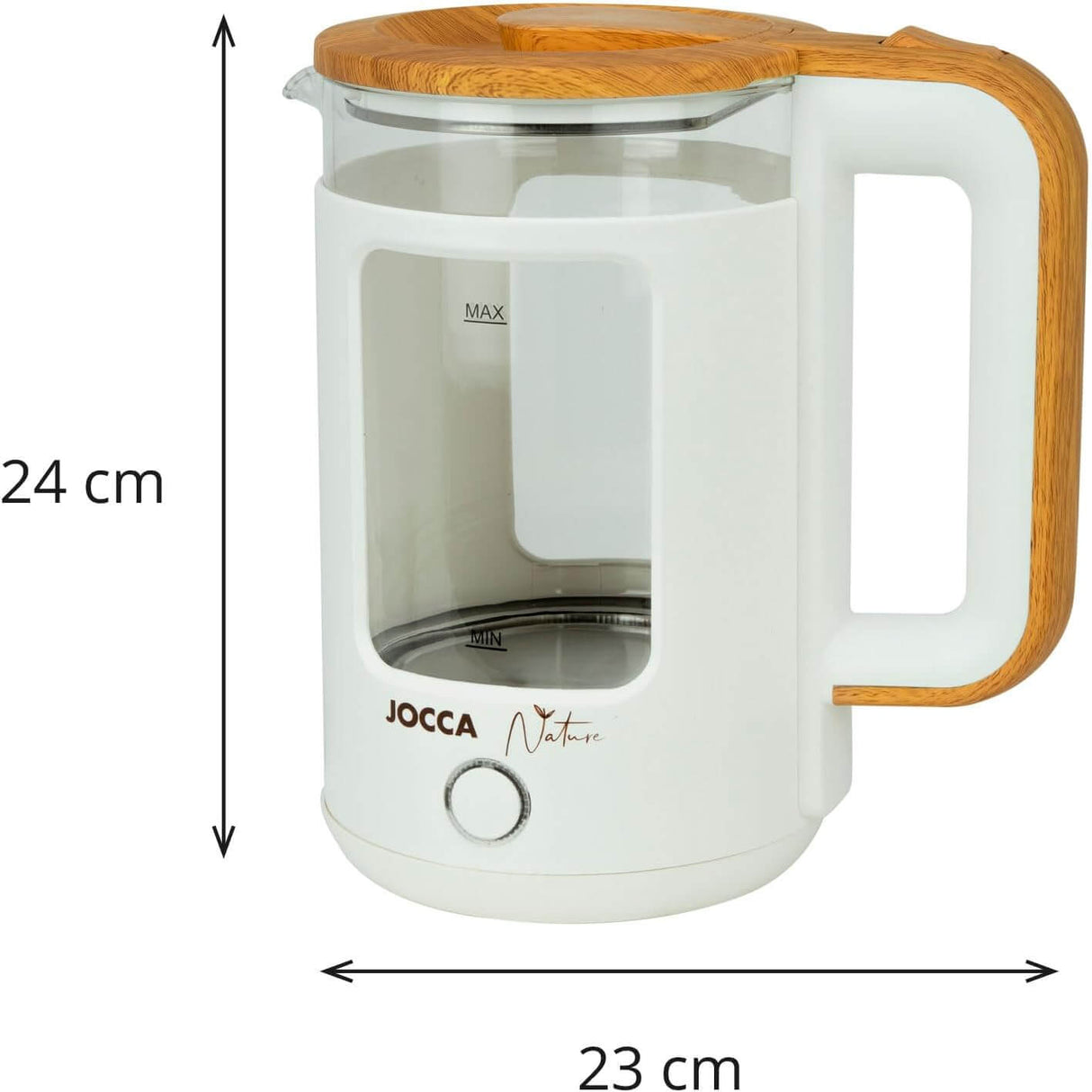 JOCCA Elektrischer Wasserkocher 1,8L, Nature-Line Weiss, 360° Basis, Borosilikatglas, Schnellkoch, Auto-Abschaltung, energiesparend, modern