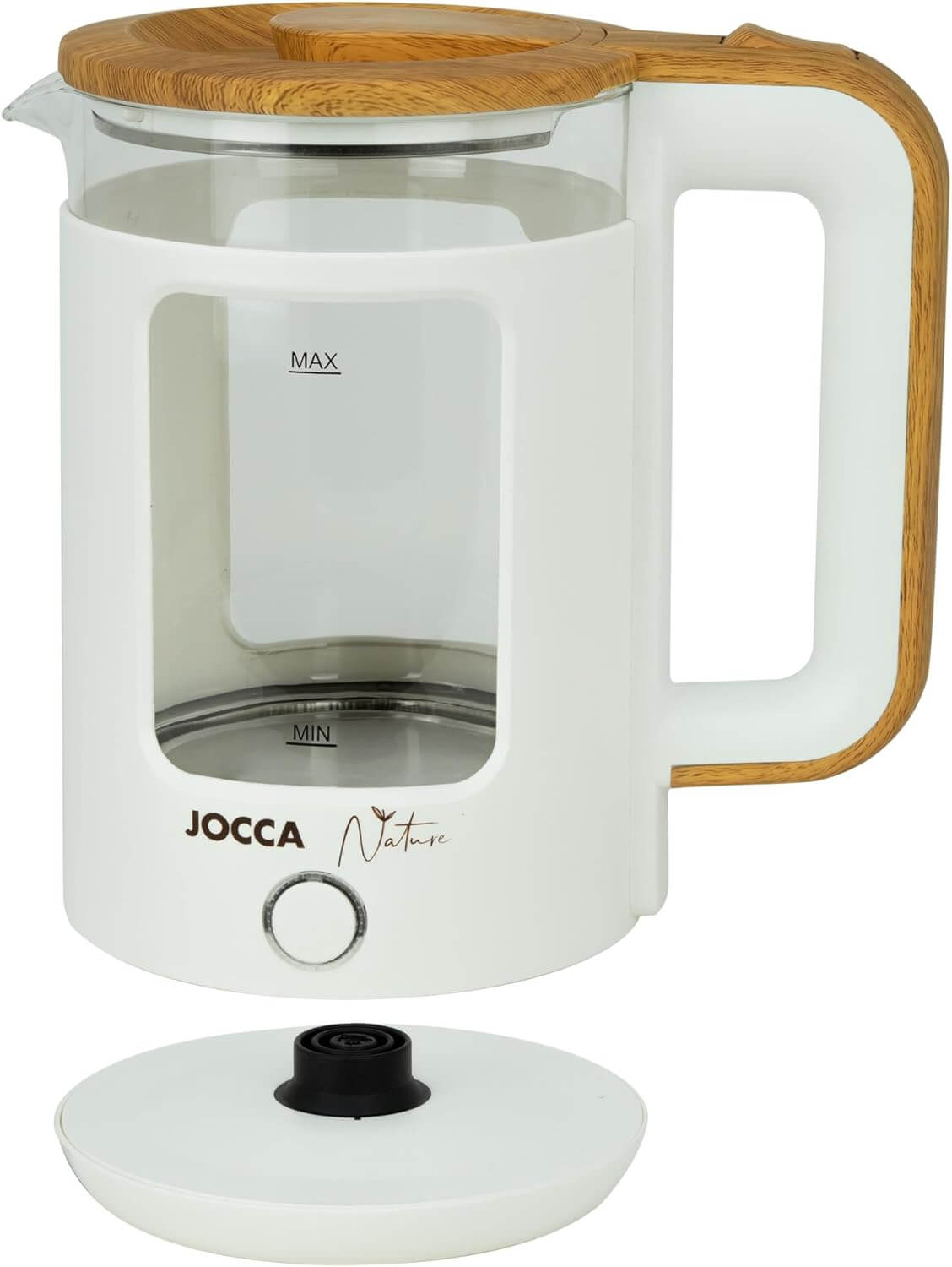 JOCCA Elektrischer Wasserkocher 1,8L, Nature-Line Weiss, 360° Basis, Borosilikatglas, Schnellkoch, Auto-Abschaltung, energiesparend, modern