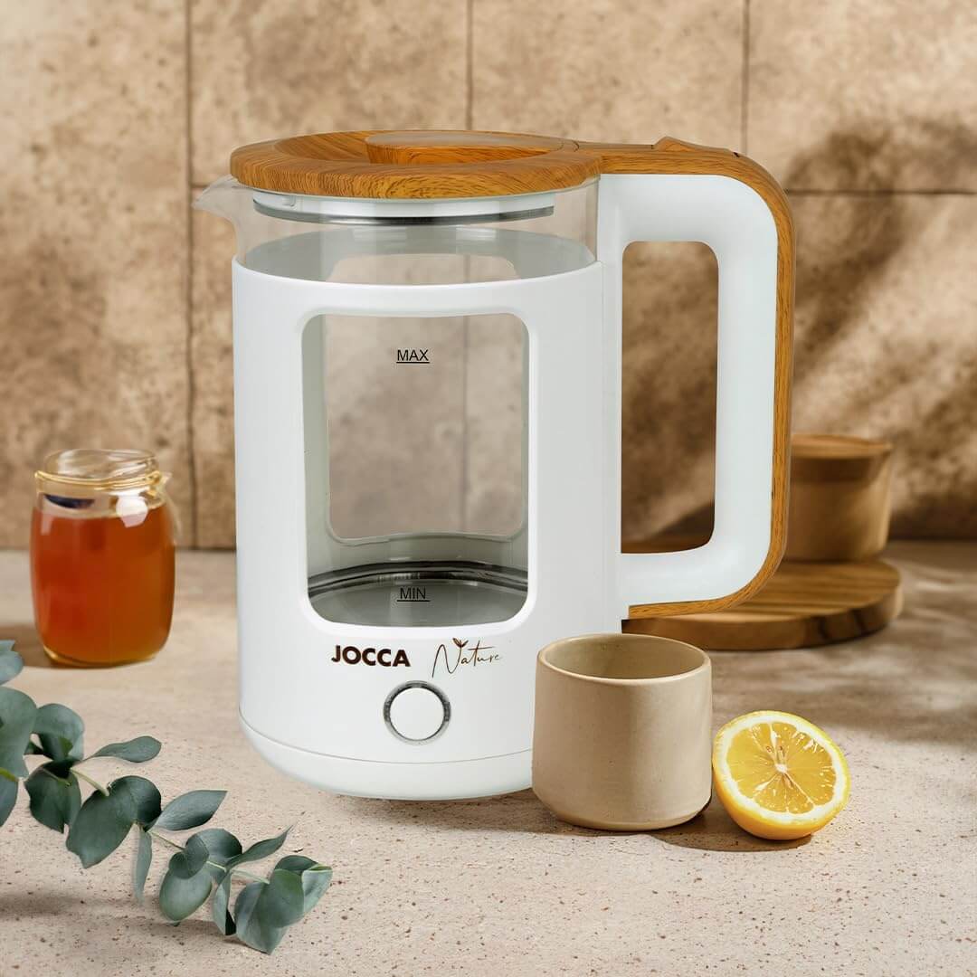 JOCCA Elektrischer Wasserkocher 1,8L, Nature-Line Weiss, 360° Basis, Borosilikatglas, Schnellkoch, Auto-Abschaltung, energiesparend, modern