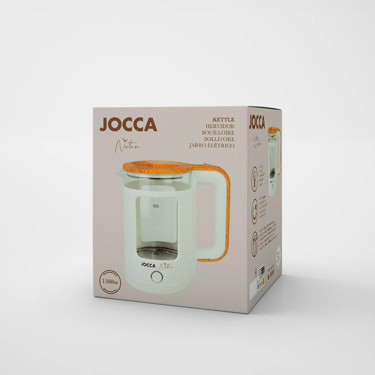JOCCA Elektrischer Wasserkocher 1,8L, Nature-Line Weiss, 360° Basis, Borosilikatglas, Schnellkoch, Auto-Abschaltung, energiesparend, modern