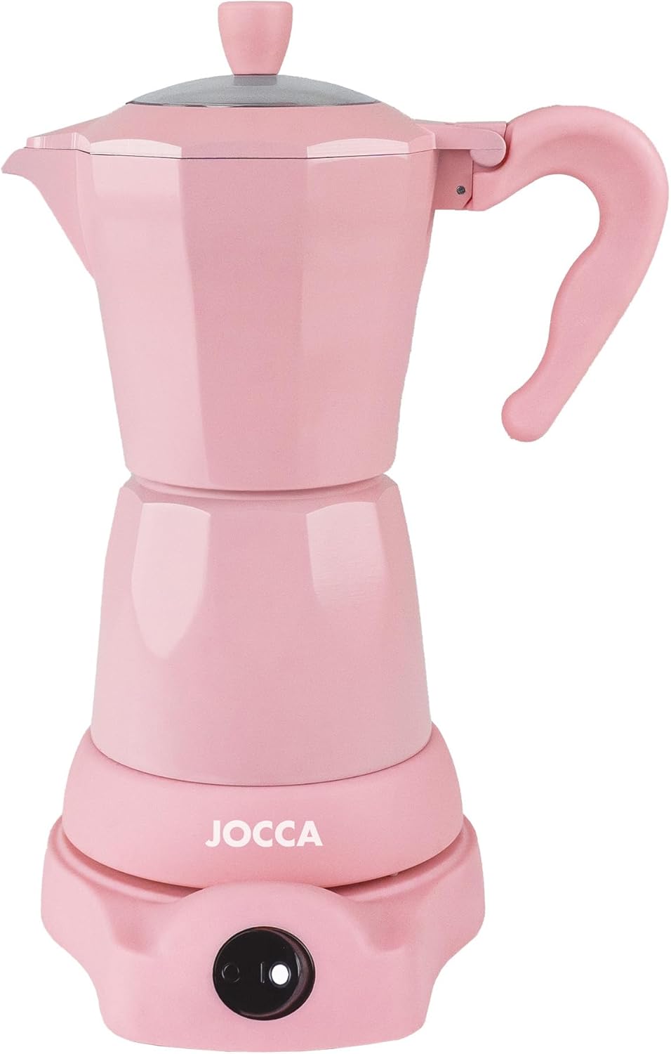 Vorderansicht der Jocca elektrischen Espressomaschine in Rosa mit transparenter Karaffe auf der schwarzen Basisstation.