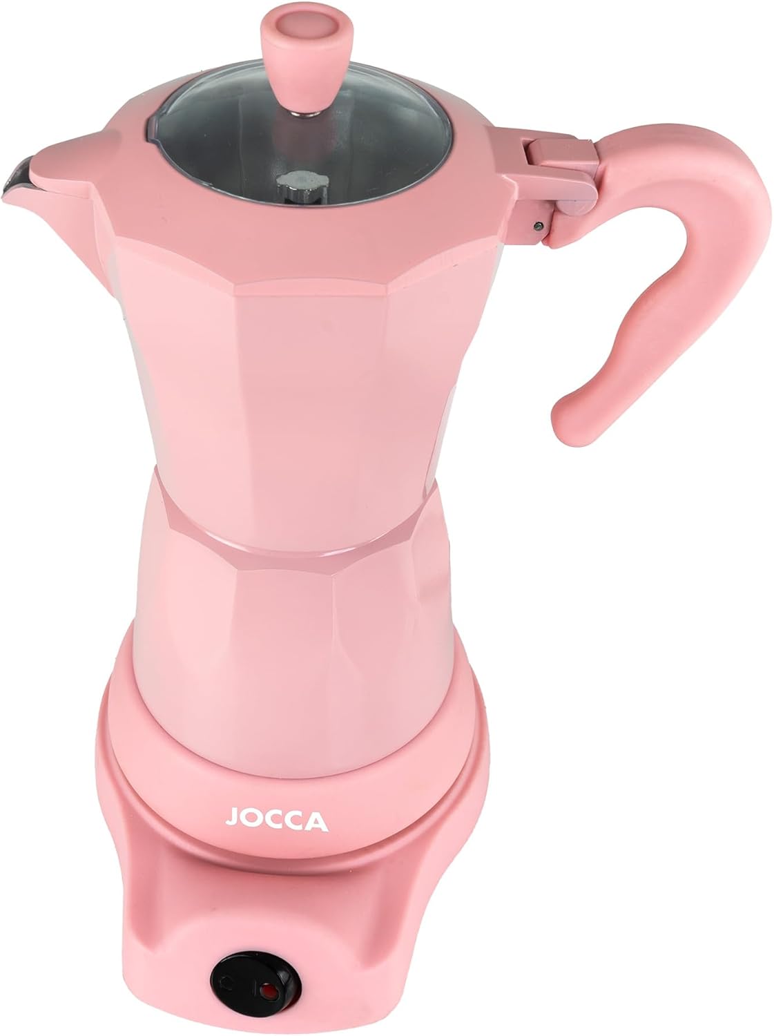 Perspektivische Ansicht des rosa Espressokochers zeigt das moderne Design und die kompakte Form der 6-Tassen-Maschine.