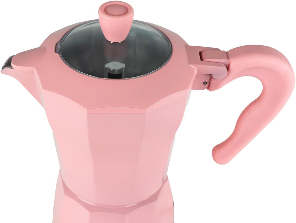 Nahaufnahme des wärmeisolierten Griffs und des Deckels der rosa Jocca Espressomaschine in der Detailansicht.