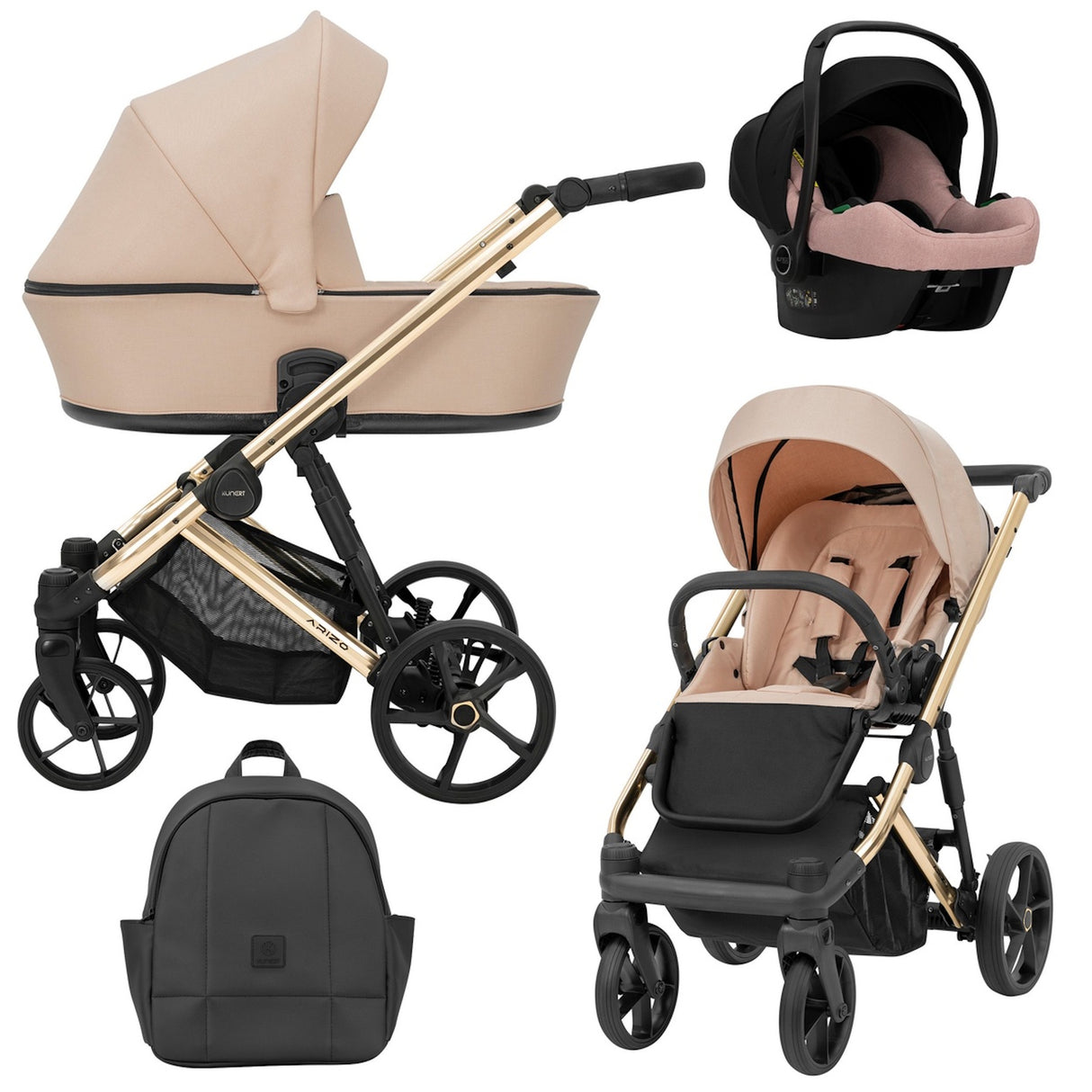 Pinker Kombikinderwagen mit goldenem Gestell in drei Ansichten: links Seitenansicht mit Babywanne, rechts Frontansicht mit Sportsitz, unten Vorderansicht eines passenden Rucksacks, rechts oben Ansicht eines passenden Autositz dazu.