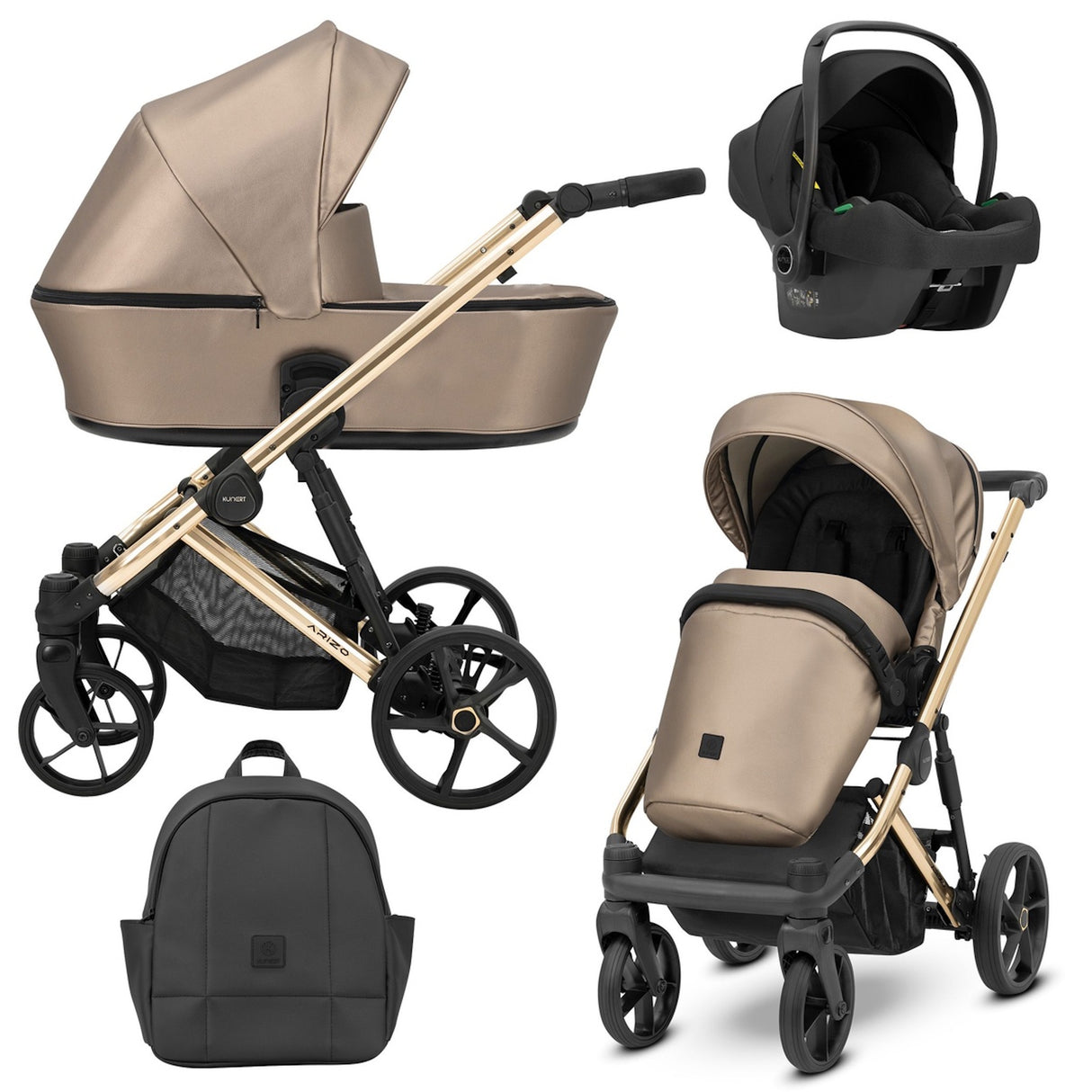 Kombikinderwagen in drei Ansichten: links Seitenansicht mit Babywanne, rechts Frontansicht mit Sportsitz, unten Vorderansicht eines passenden Rucksacks, rechts oben Ansicht eines passenden Autositz dazu.