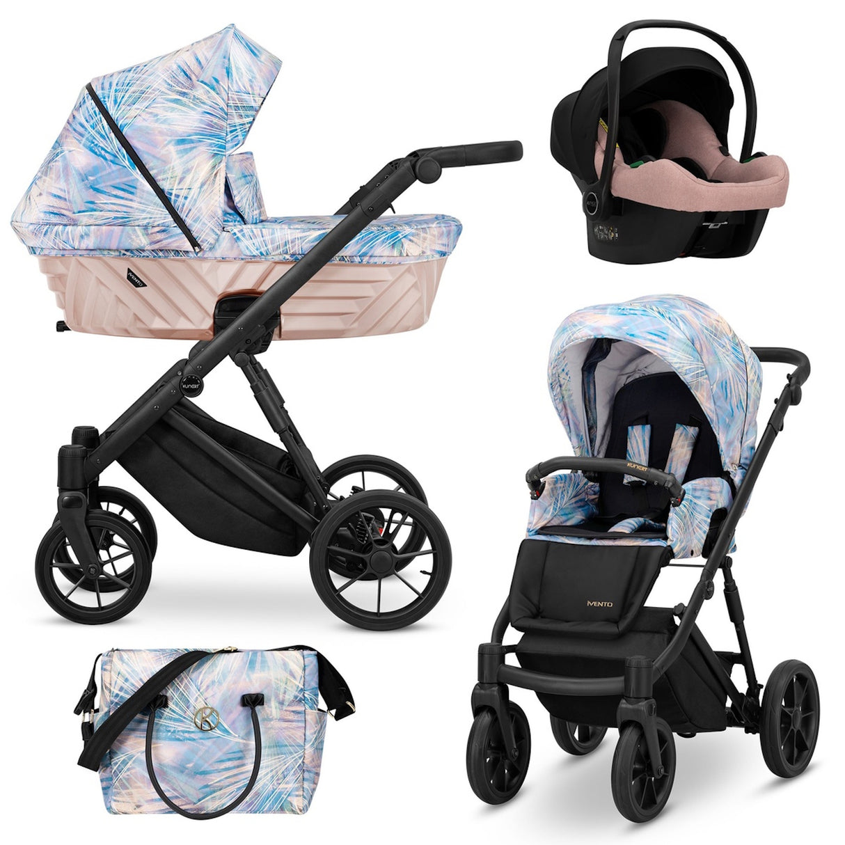 Kombikinderwagen in drei Ansichten: links Seitenansicht mit Babywanne, rechts Frontansicht mit Sportsitz, unten Vorderansicht eines passenden Rucksacks.