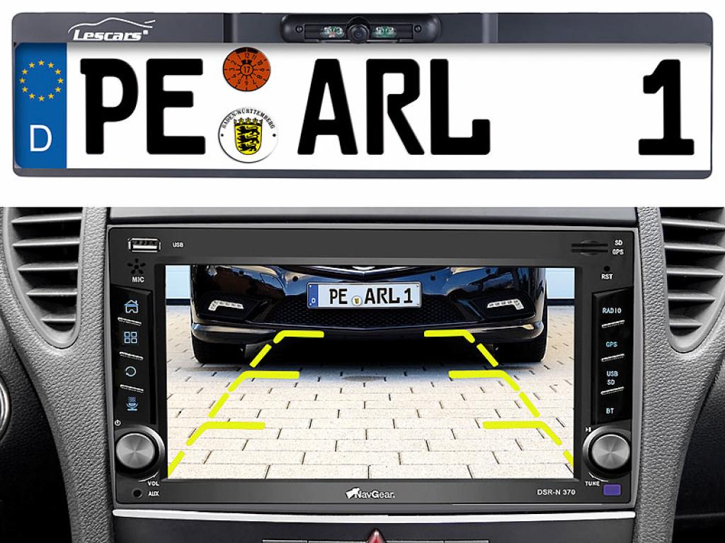 Lescars Funk-Rückfahrkamera 10,9-cm-TFT-Monitor Rückfahrhilfe im Nummernschild