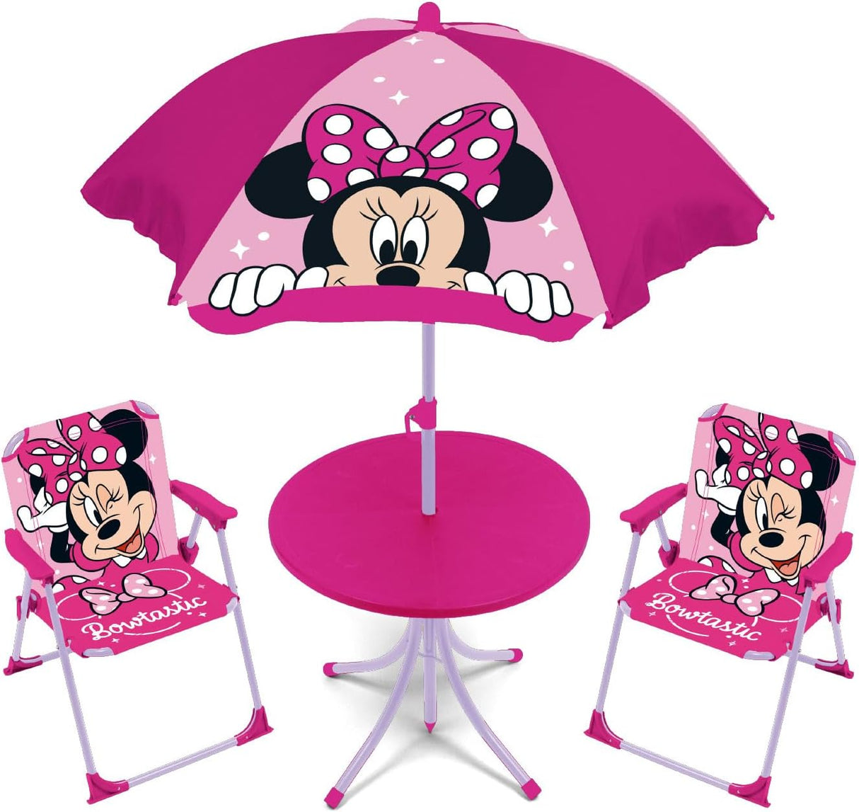 Kinder-Tischset mit 2 Stühlen und Sonnenschirm im Minnie-Design, perfekt für Kinderzimmer, Terrasse oder Garten