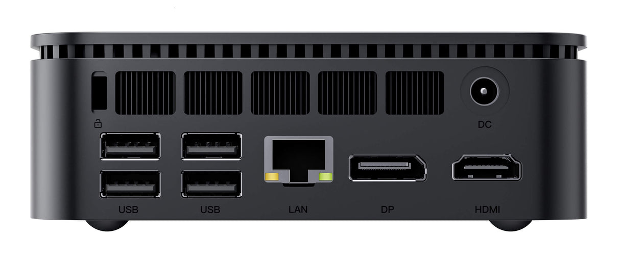 Blackview MP100 Mini PC – Ansicht auf die Rueckseite mit 4 x USB, 1 x LAN, 1 x DP, 1 x HDMI sowie DC-In Port
