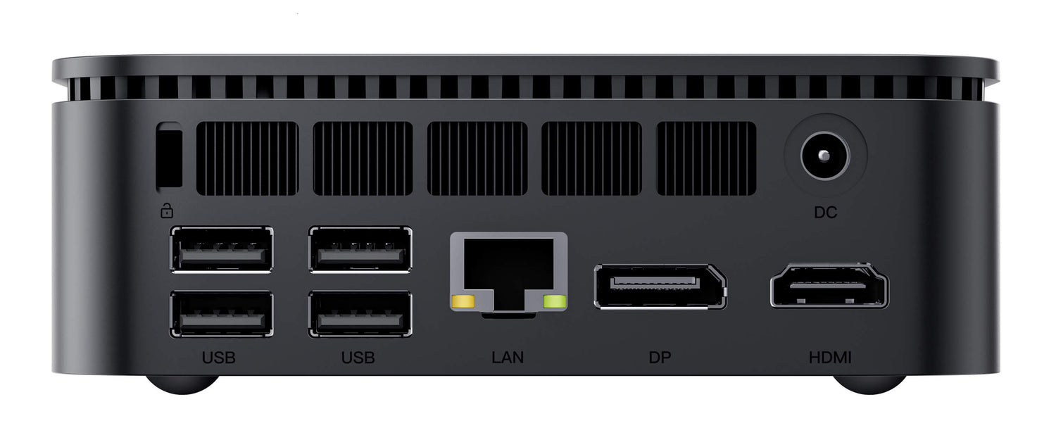 Blackview MP100 Mini PC – Ansicht auf die Rueckseite mit 4 x USB, 1 x LAN, 1 x DP, 1 x HDMI sowie DC-In Port