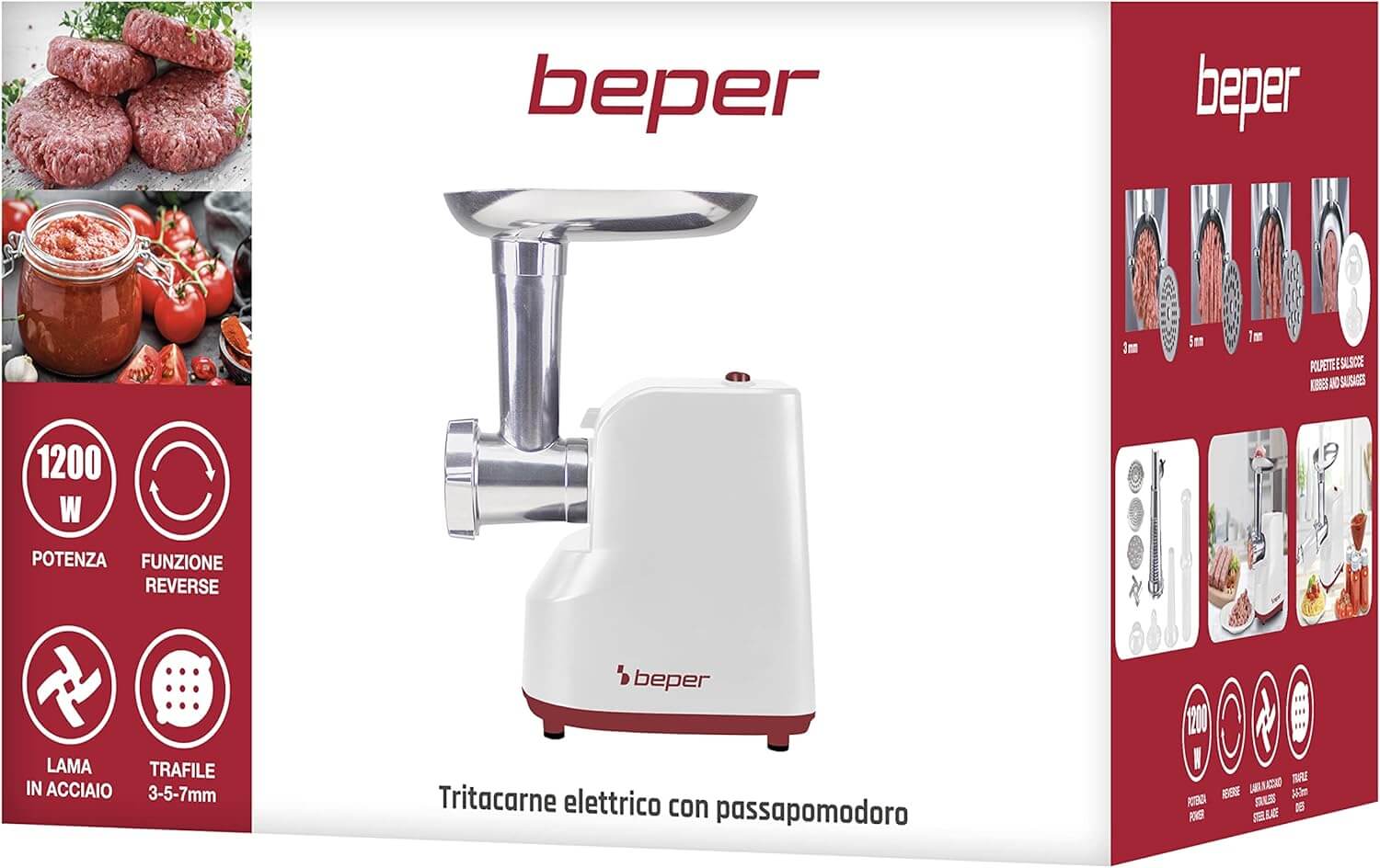 Beper Elektrischer Fleischwolf & Tomatenpresse P102ROB200, 1200 W, mit 3 Edelstahl-Matrizen