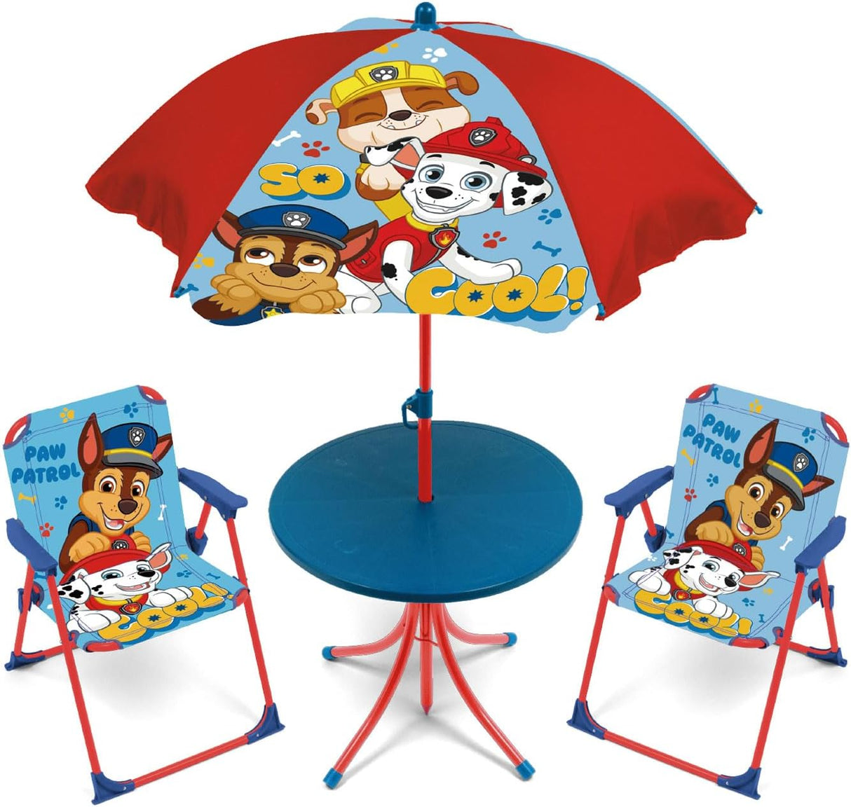 Kinder-Tischset mit 2 Stühlen und Sonnenschirm im Paw-Patrol-Design, ideal für Kinderzimmer, Terrasse oder Garten