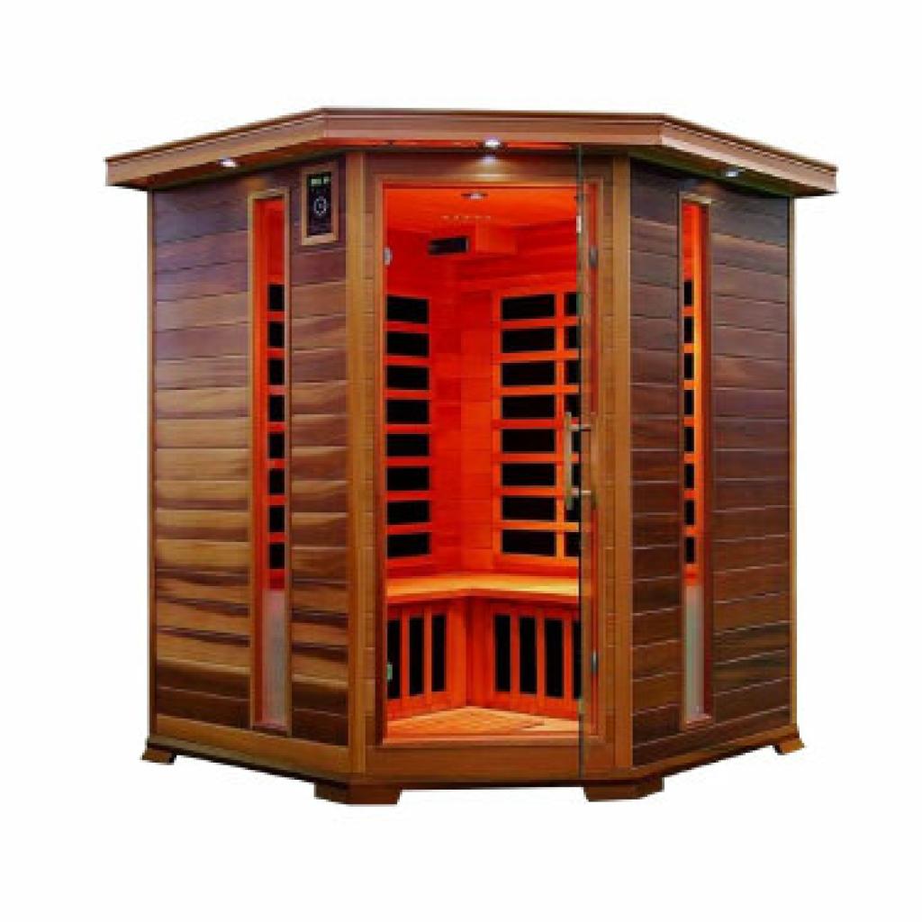 PureHaven Infrarotkabine 150x150x80x95x80 cm aus kanadischem Tannenholz Bluetooth-Soundsystem Lichttherapie in 4 Farben digitale Steuerung