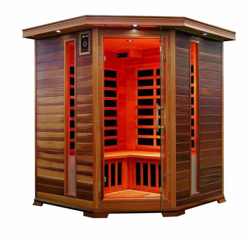 PureHaven Infrarotkabine 150x150x80x95x80 cm aus kanadischem Tannenholz Bluetooth-Soundsystem Lichttherapie in 4 Farben digitale Steuerung