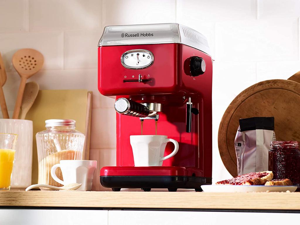 Russell Hobbs Siebträger Retro Espressomaschine Rot + 2 Tasseinsätzen + Wassertank+ Milchschaumdüse