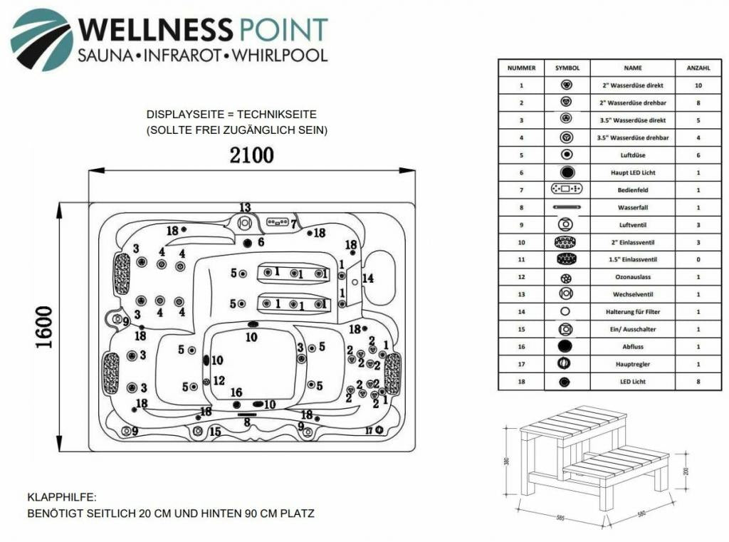 PureHaven American Outdoor-Whirlpool 210x160 cm für 3 Personen mit 33 Massagedüsen Heizung LEDs Thermoabdeckung Farbe Sterling Silber/Grau