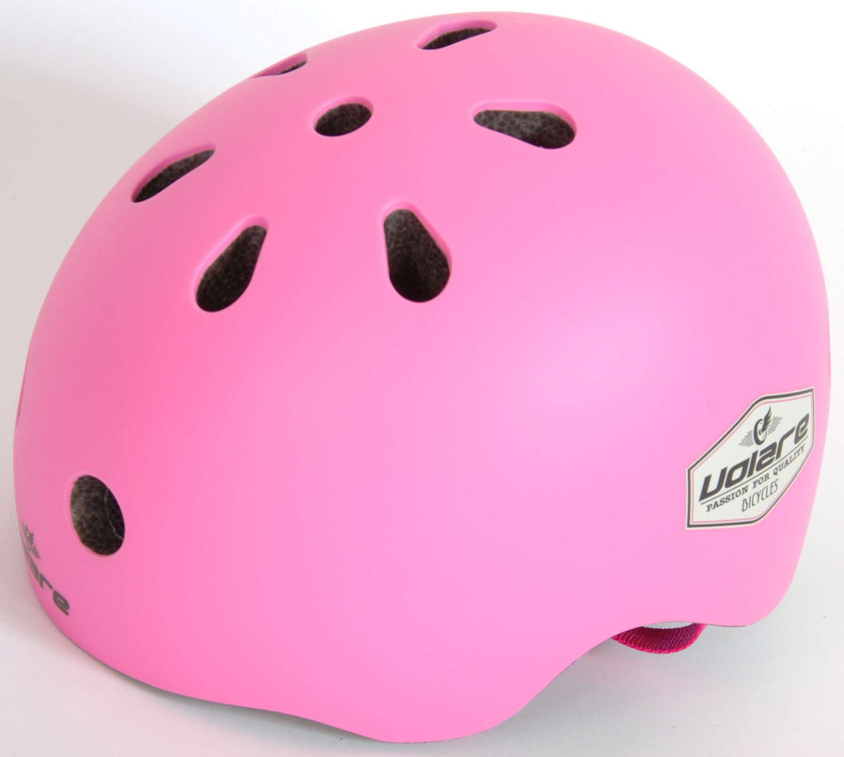 Seitenansicht Kinderhelm in pink für Mädchen mit Belüftungslöchern und Volare Logo