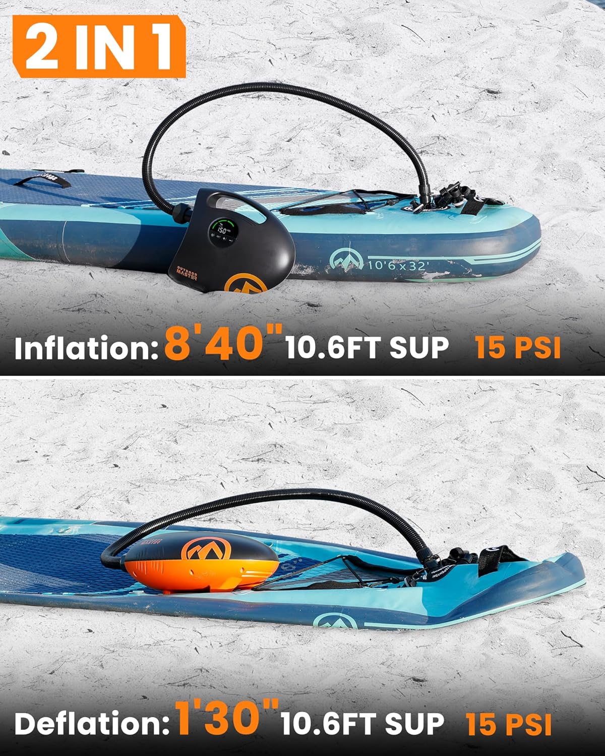 Outdoormaster Shark 2s Luftpumpe für SUPs kann sowohl aufblasen als auch Luft absaugen