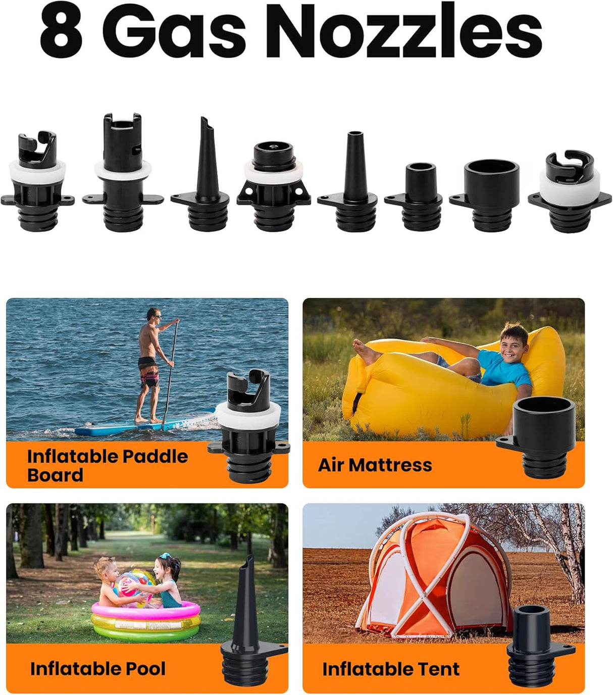 8 verschiende Aufsätze gibt es bei der Outdoormaster Shark 2s Luftpumpe für SUPs